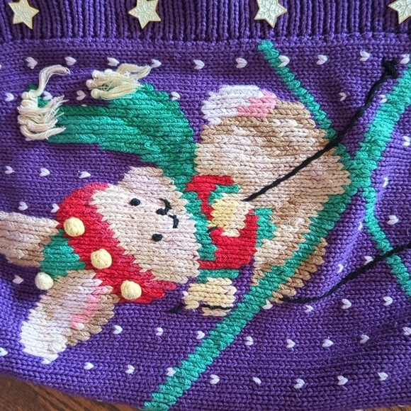 Vtg Hand Knit Ski bunnies Chunky Purple Cotton Novelty Cardigan Sweater Sz M - Picture 7 of 14